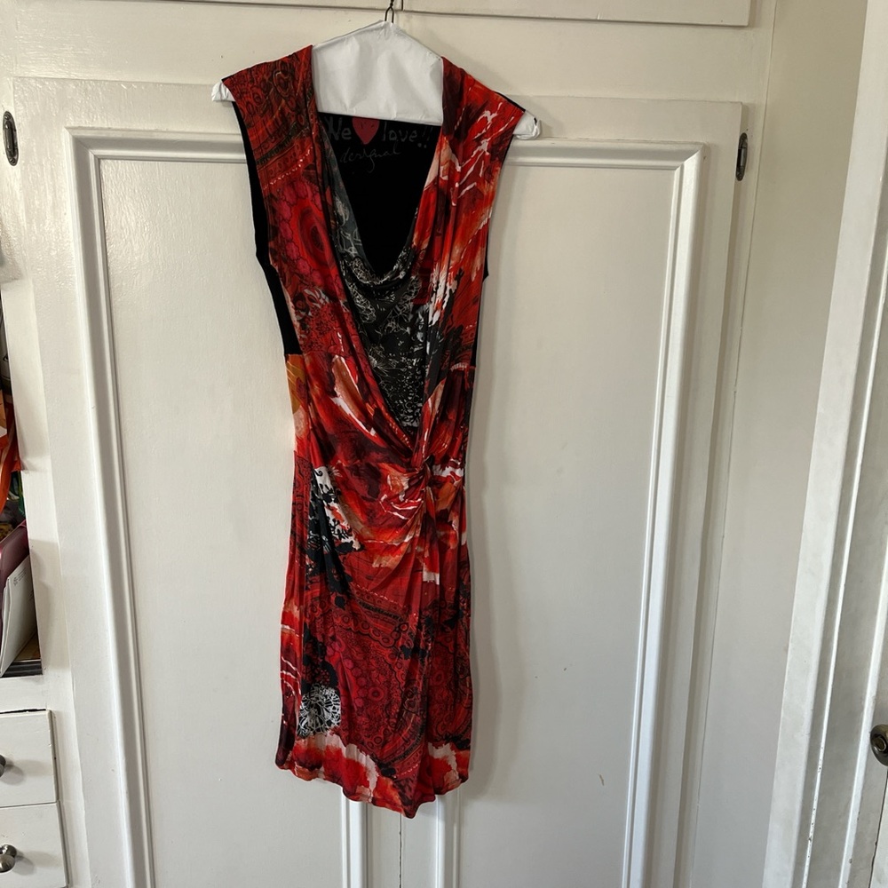 Desigual Red and Black Abstract Twist-Front Mini Dress